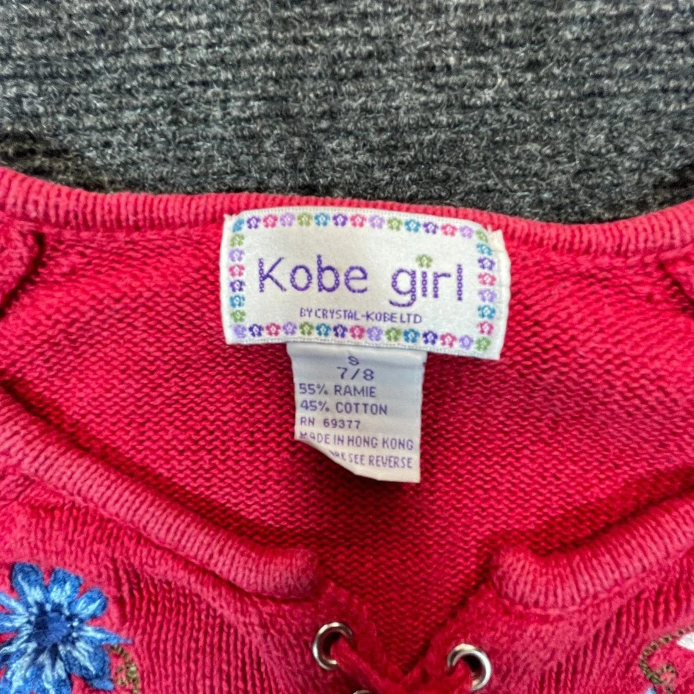 Kobe Girl Knit Sweater Kids Size 7/8 Pink Y2K Embroidered Lace Up Boho Top